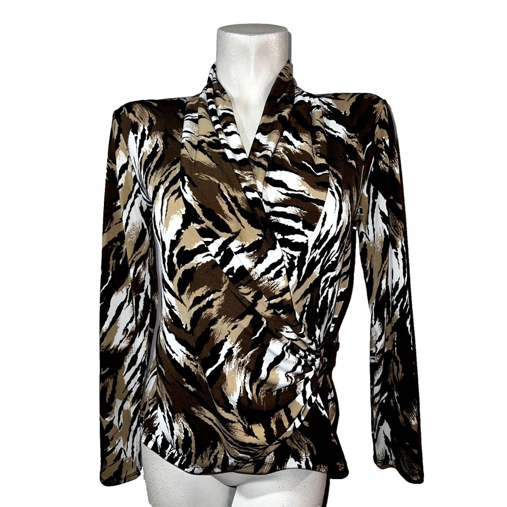 Cache Women Brown White Abstract Animal Print Wrap Top Side Buckle Long Sleeve S